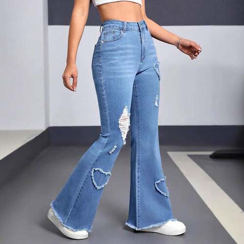 Women's Fashion Jeans Heart Embroidery Ripped Effect Loose