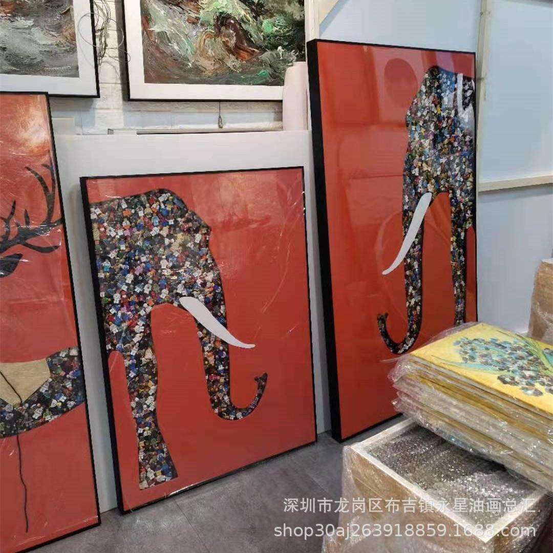 爱马橙色客厅沙发背景装饰画积乐木高实物挂画玄关走廊大象鹿画