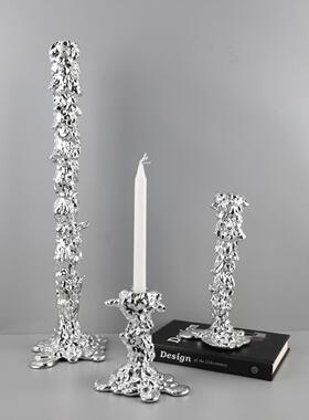 现代极简树脂电镀银色氛围融化烛台客厅餐厅酒店样板房家居装饰品