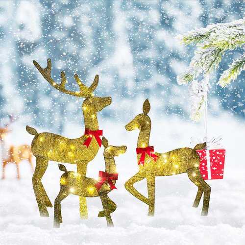 Christmas Deer Lighting Happy New Year 金色鹿三口之家3D金属