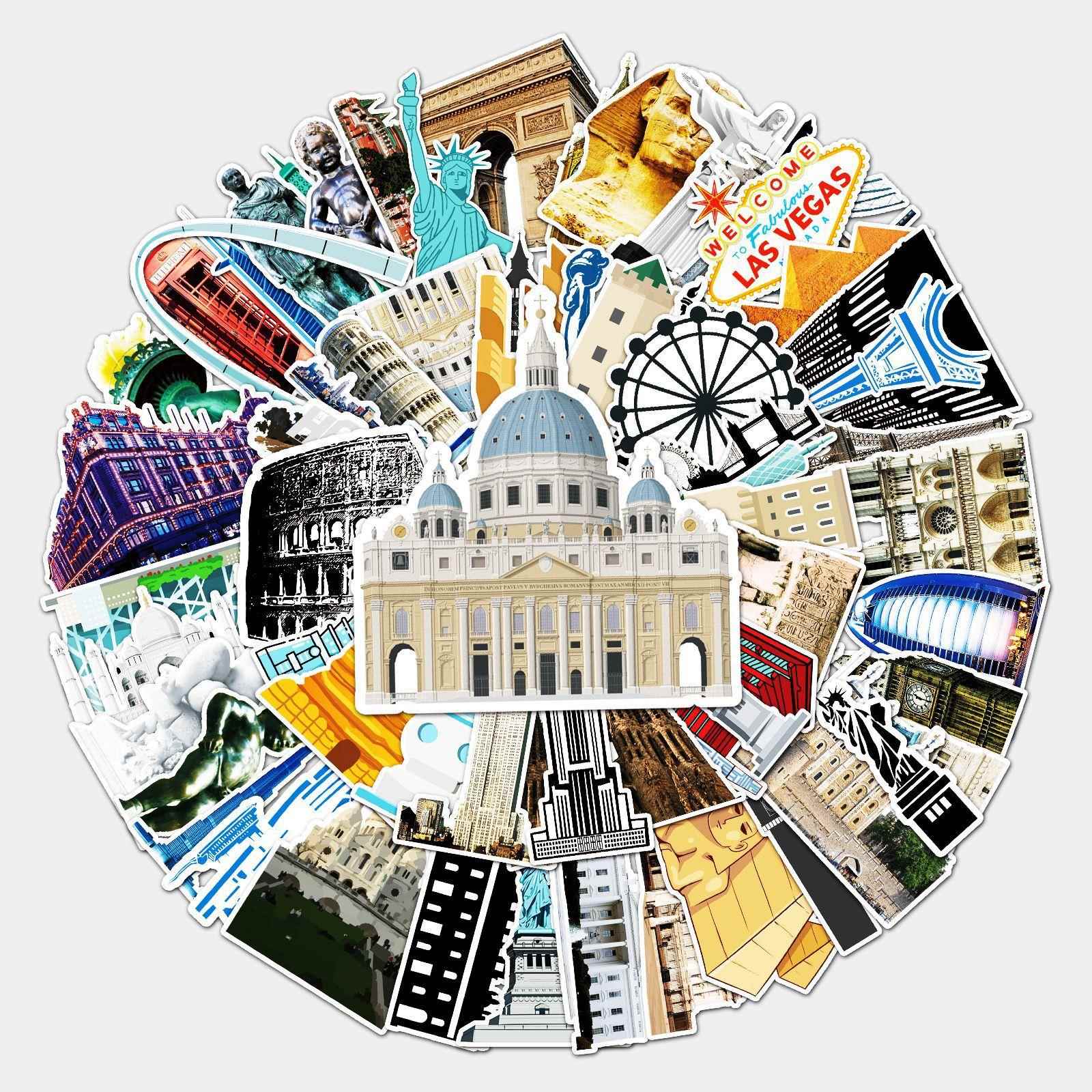 64张不重复地标建筑个性行李箱笔记本电脑平板装饰冰箱贴纸防水