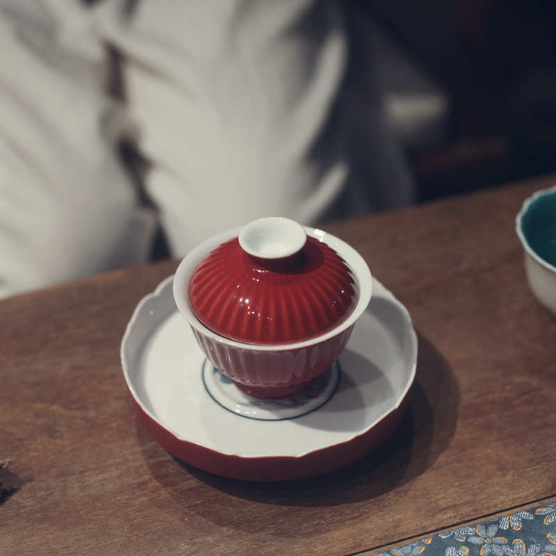 宋青书院绛红莲花壶承手绘荷花干泡盘高脚果盘中式红色托盘茶点盘