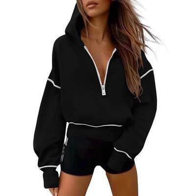 Women'S Pink Hooded Sweatshirt Long Sleeve Half Zip Cropped