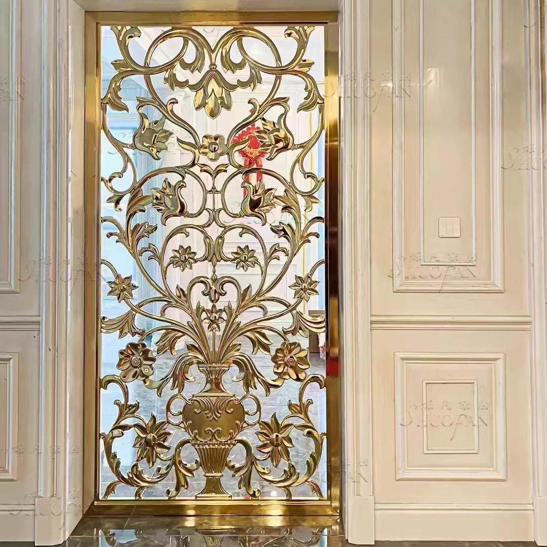 铝板雕刻屏风浮雕不锈钢金属隔断镂空花格铝合金彷古铜玄关定制