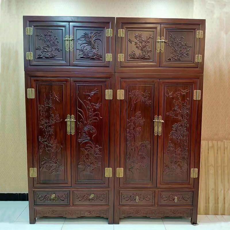 中式雕花卧室大衣柜实木顶箱柜组合家具 4门整装双层柜储物柜彷古