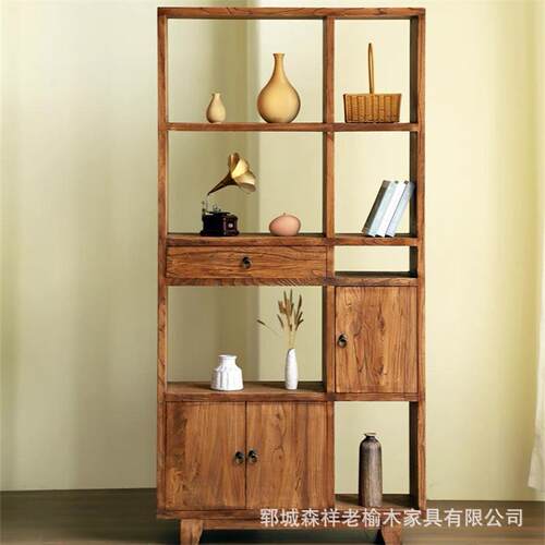 老榆木博古架客厅茶具展示架带抽屉储物架靠墙多宝阁置物架新中式