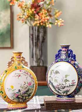 明古典收藏玩黄20231025釉摆描金开窗粉彩仙鹤抱古月甁花瓶件仿古