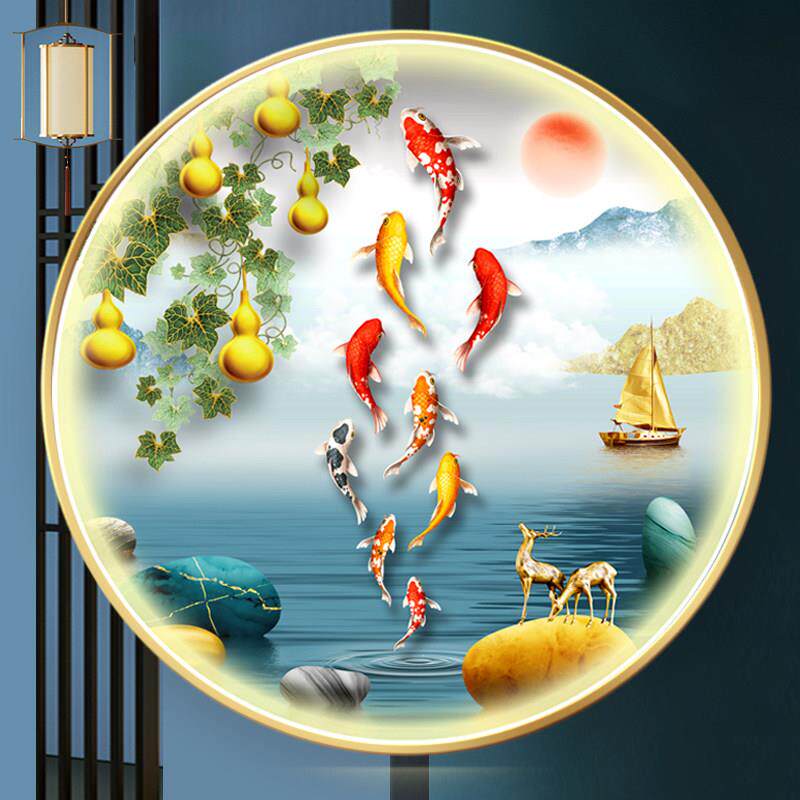 圆形玄关装饰画 画荷花锦鲤带灯现代轻奢葫芦饭厅入户客厅九鱼图
