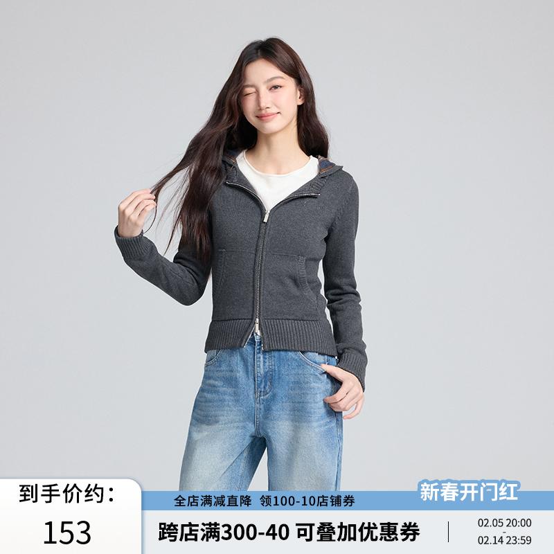 RPB BRAND拼接格纹连帽针织开衫女修身显瘦短款毛衣外套纯棉上衣