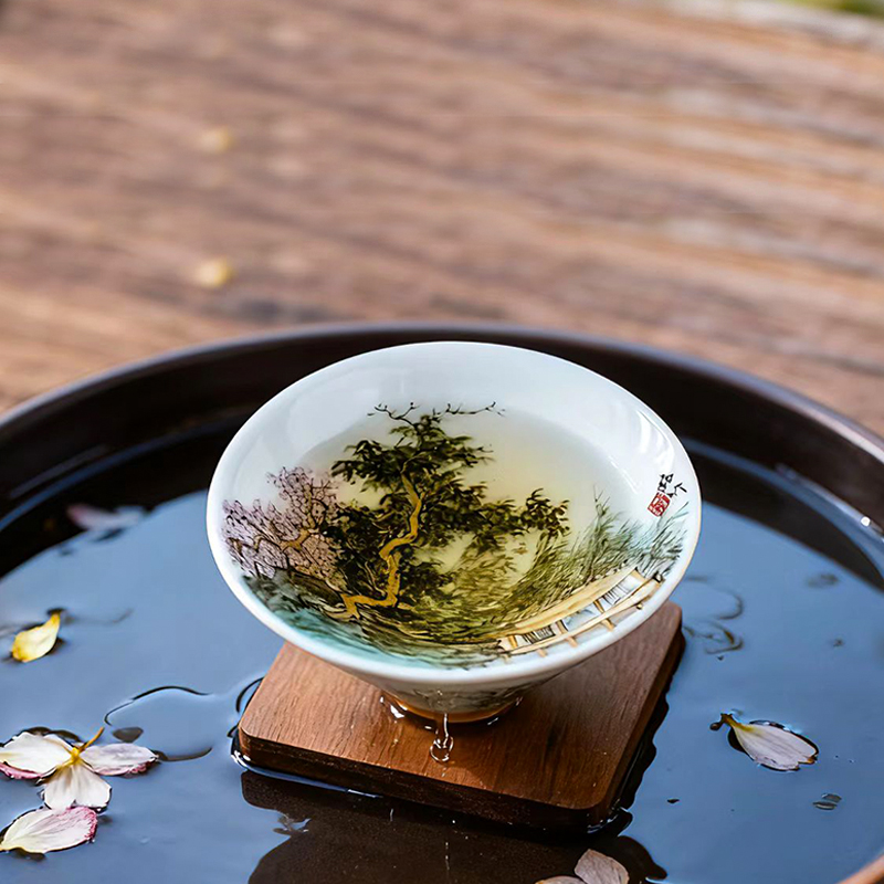 重工通景画斗笠杯齐白石嫡传人刘培竹手绘主人杯陶瓷茶杯家用送礼