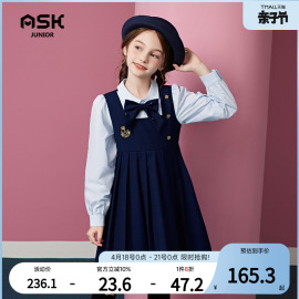 askjunior女童连衣裙洋气秋儿童假两件学院风制服裙拼接连衣裙