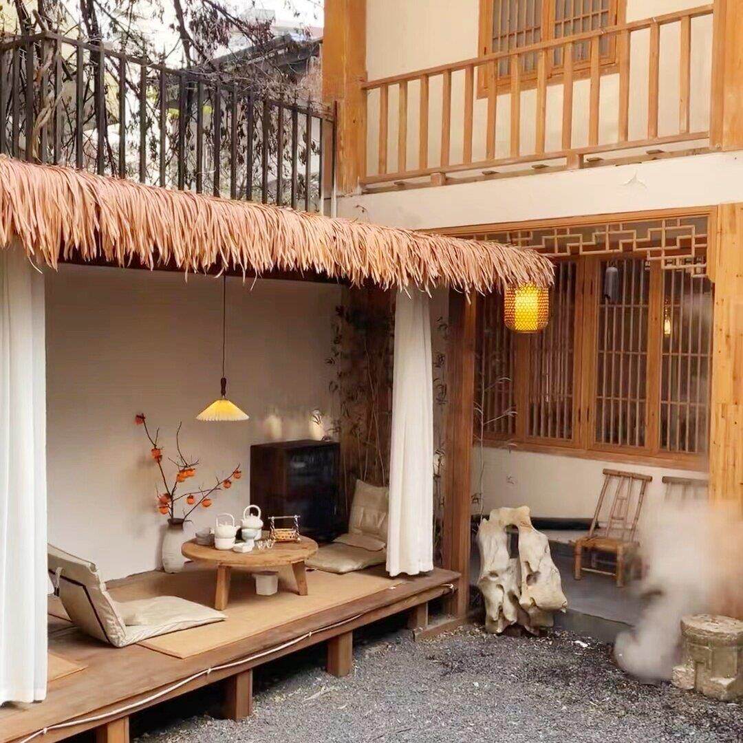 户外庭院防腐木屋茶室网红民宿造景休闲农场遮阳彷真茅草长廊斗笠