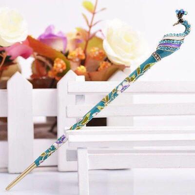1PC Vintage Enamel Peacock Hair Stick Rhinestone Hairpin