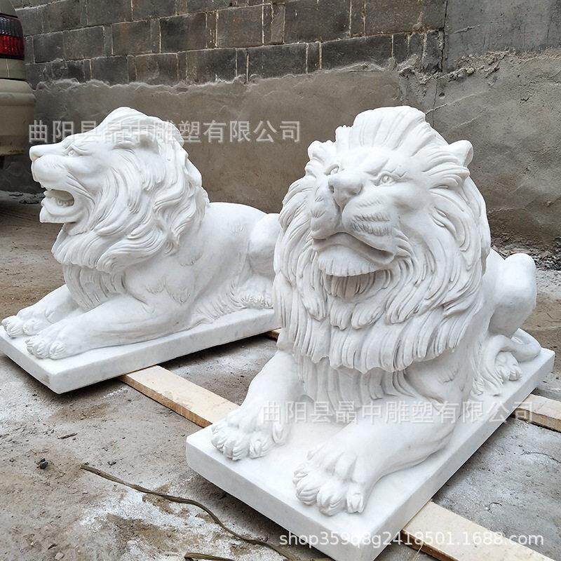 欧式石雕狮子蹲式青石汉白玉天然石材趴狮门口摆件装饰一对