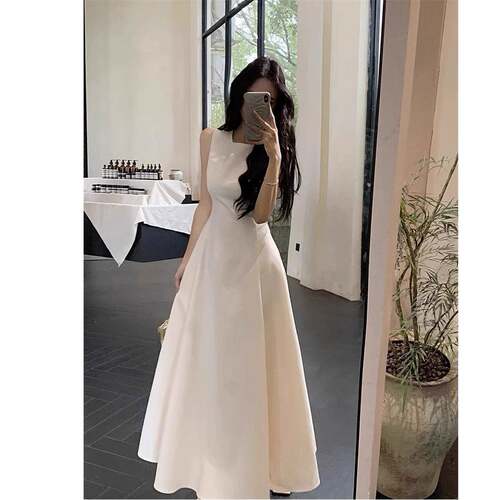 Elegant Fit Solid Color Dress Square Neck Waist Cinched