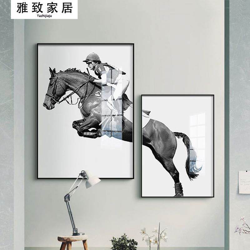 现代简约装饰画马术骑马客厅沙发办公室创意时尚艺术黑白墙画挂画