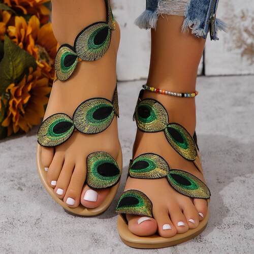 Large size flat bottomed toe colored sandals with peacock
