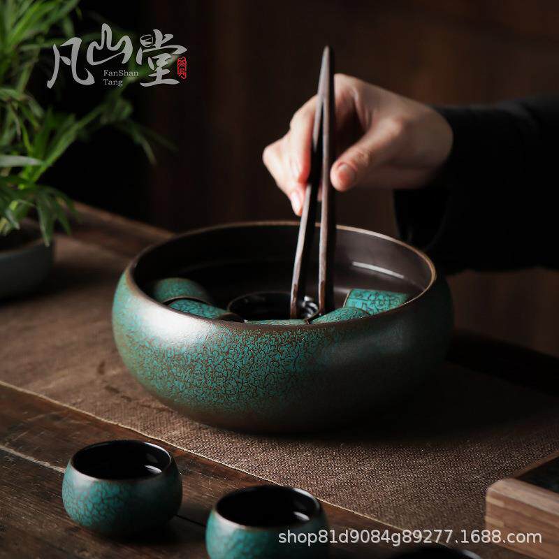 松石绿陶瓷复古茶洗窑变大号茶盂废水缸家用杯洗茶道配件