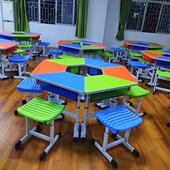 学生览拼接桌六边形升课桌椅团体升降活动室阅桌培降训班六角组桌
