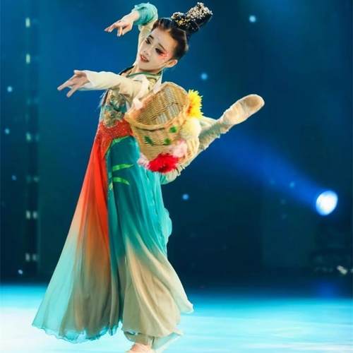 正品儿童表演服装、古式典双肩包头饰女性雅舞致、汉唐中民族舞蹈