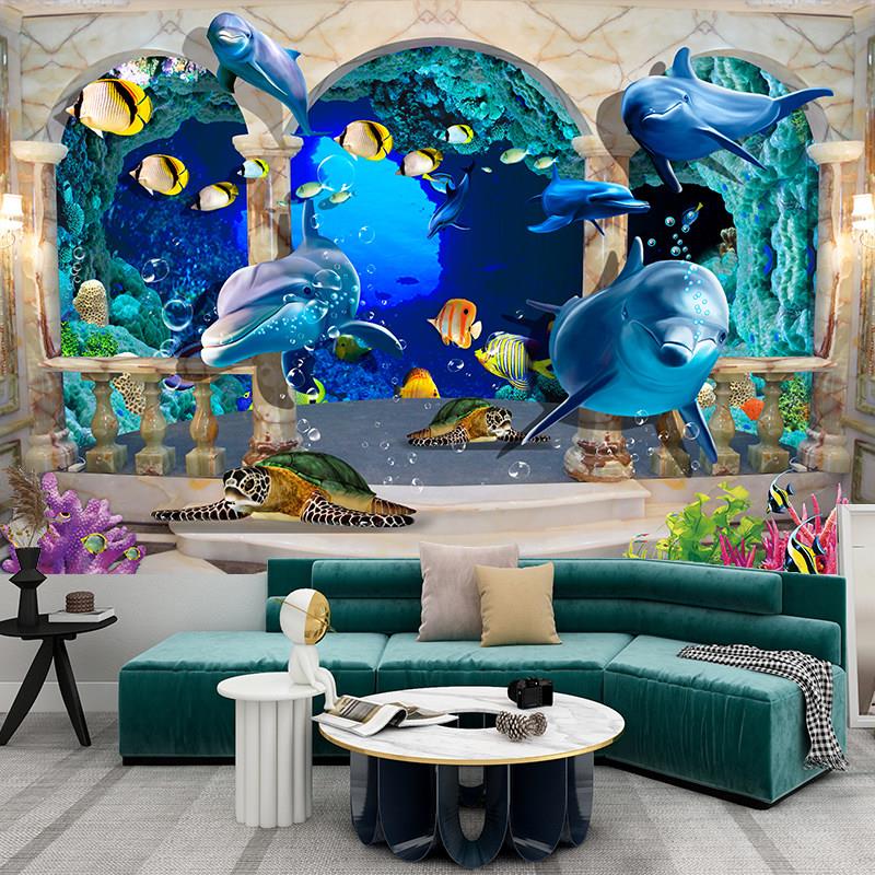 3D创意立体海洋海豚世界客厅电视玄关壁贴画门贴贴纸壁纸定制