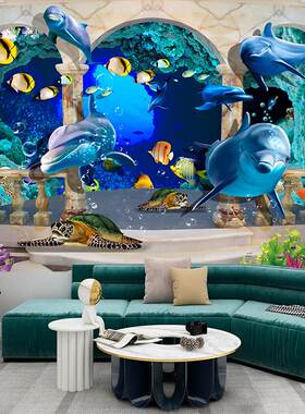 3D创意立体海洋海豚世界客厅电视玄关壁贴画门贴贴纸壁纸定制