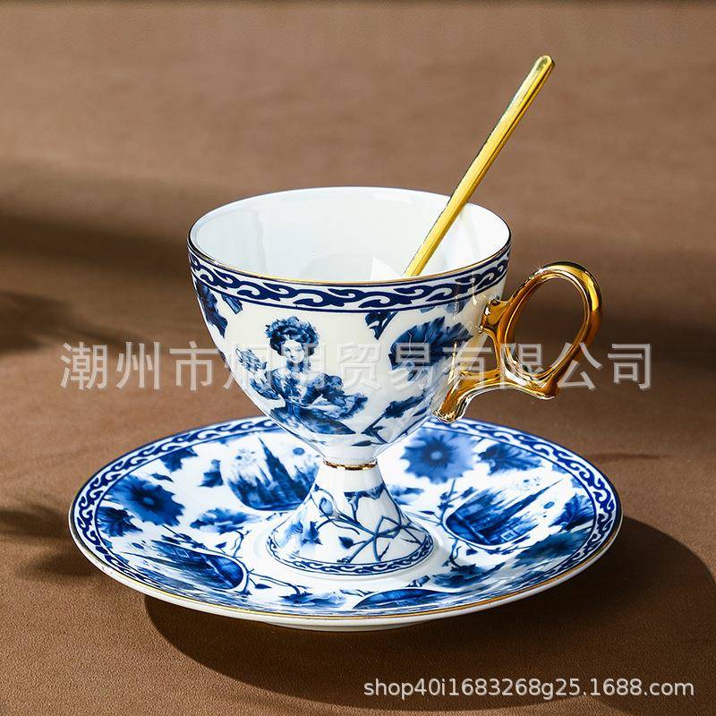 蓝色人物画像高脚咖啡杯骨瓷杯子高档精致复古英式下午茶茶具套装