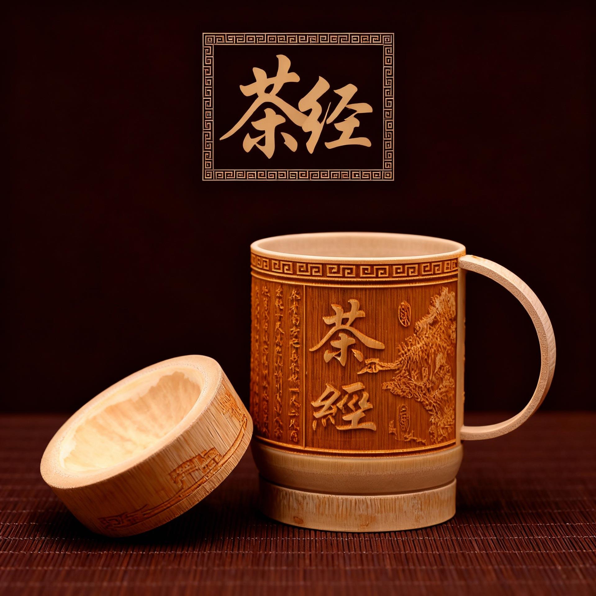 竹制带盖本色竹杯 带把喝水茶杯阳雕雕刻带柄杯工艺礼品杯子