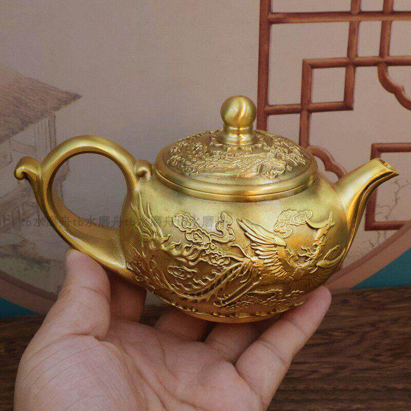 可旋转纯黄铜龙凤呈祥茶壶浮雕创意茶具办公室会客室茶室装饰摆饰