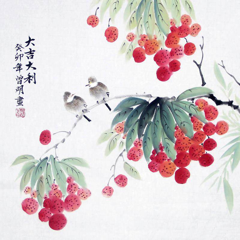 曾明手绘真迹国画花鸟画玄关饭厅挂画葫芦葡萄荷花紫藤柿子荔枝画