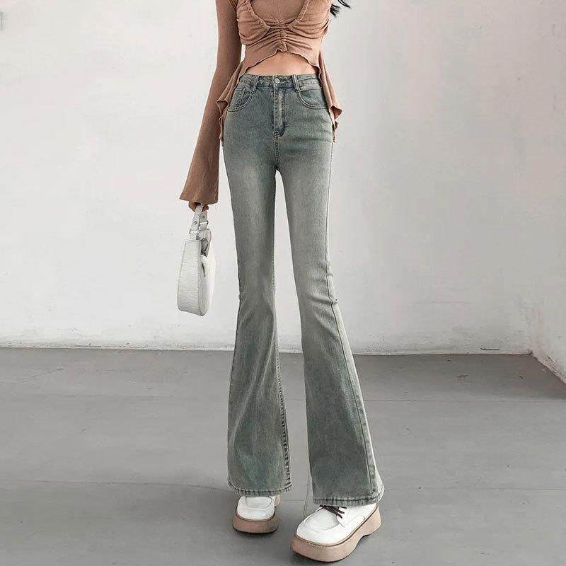 浅色微喇牛仔裤女怀旧美式高腰修身直筒小众弹力马蹄裤喇叭长裤子