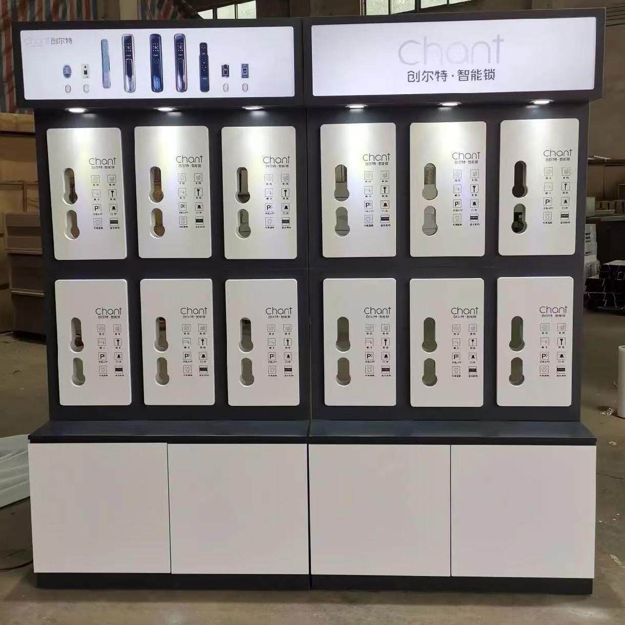靠墙高柜智能锁展示架 可拆装木质烤漆陈列架 中岛柜展示架定制