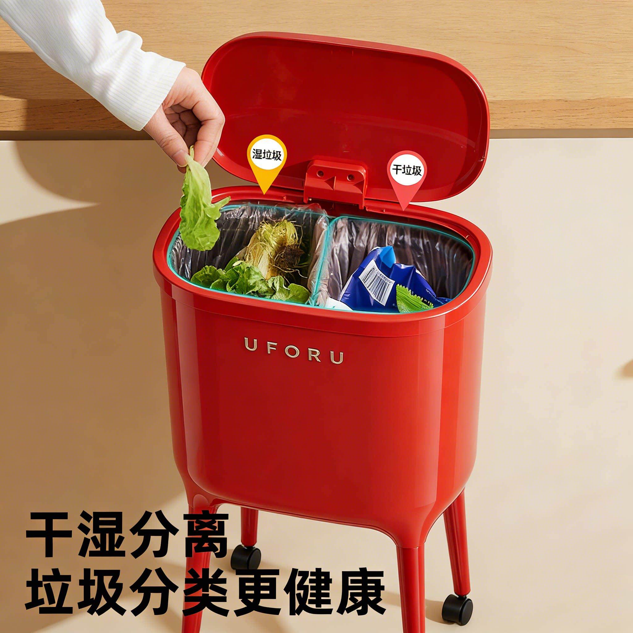 干湿分离垃圾桶家用2026新款带盖厨房高脚款带轮可移动专用免弯腰