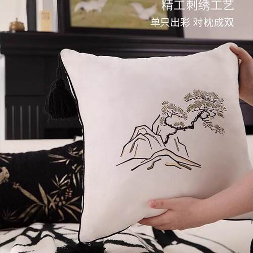新中式复古超大黑白色抱枕客厅沙发卧室靠垫高级感刺绣靠枕腰枕套