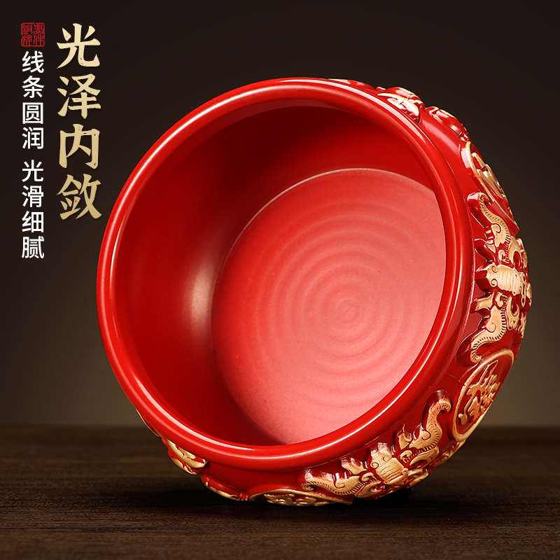 黄铜红色聚宝盆招财聚财铜缸纯黄铜米缸水晶摆件结婚送新人礼品