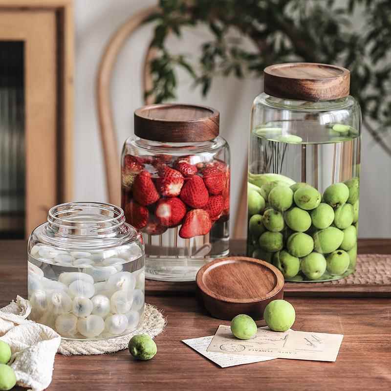 大容量多规格螺纹玻璃密封罐木盖青梅葡萄泡酒瓶陈皮杂粮储物罐