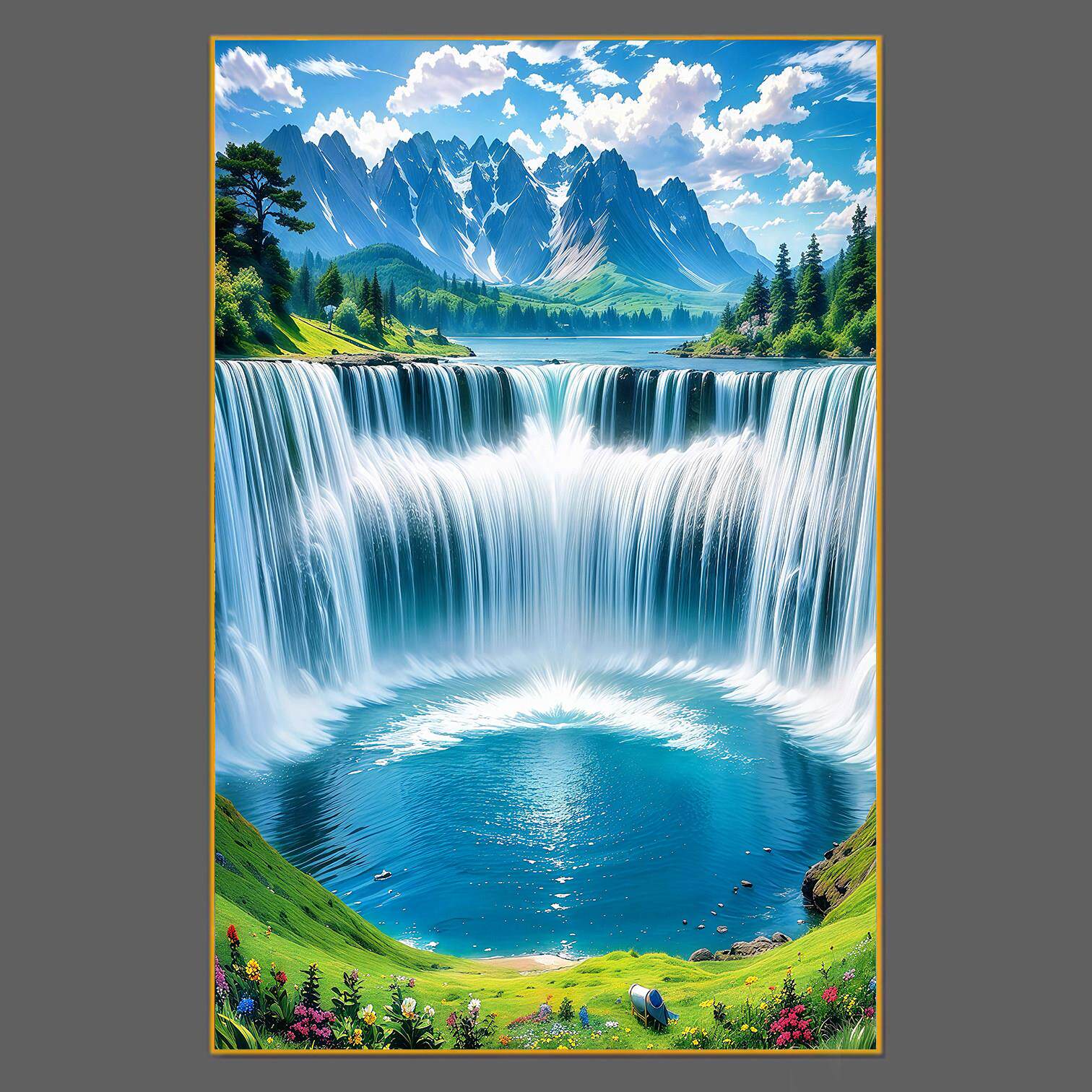 瀑布山水画客厅入口装饰画走廊过道平面水晶瓷铝合金框画
