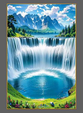 瀑布山水画客厅入口装饰画走廊过道平面水晶瓷铝合金框画