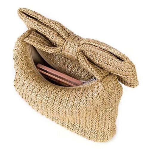 Women Bow Purse Summer Straw Woven Clutch Bag Luxury Design