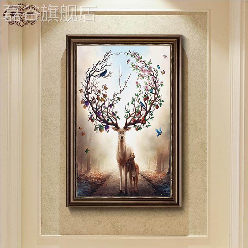 网红客网玄关饰欧式画风格鹿小尺寸装式壁竖麋红版走挂画过廊道画