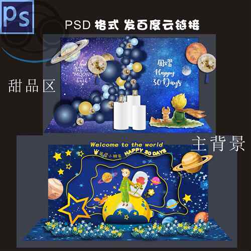 星空深蓝小王子主题舞台迎宾甜品区宝宝宴周岁生日派对背景素材