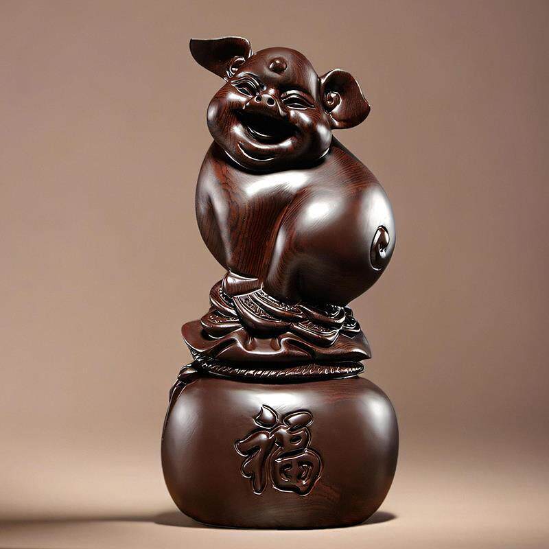 木制雕刻猪猪摆件木质雕刻黑檀小猪十二生肖吉祥物桌面装饰工艺品