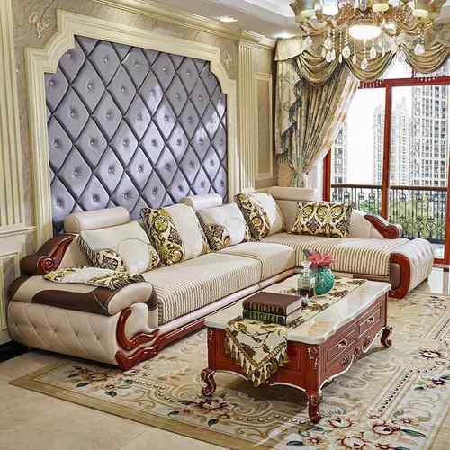 简欧沙发客厅实木皮布艺欧式贵妃大扶手木头雕花奢华沙发真皮贵妃