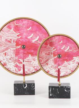 新中式中国红色系屏风摆件样板间售楼处展厅酒店玄关书柜软装饰品