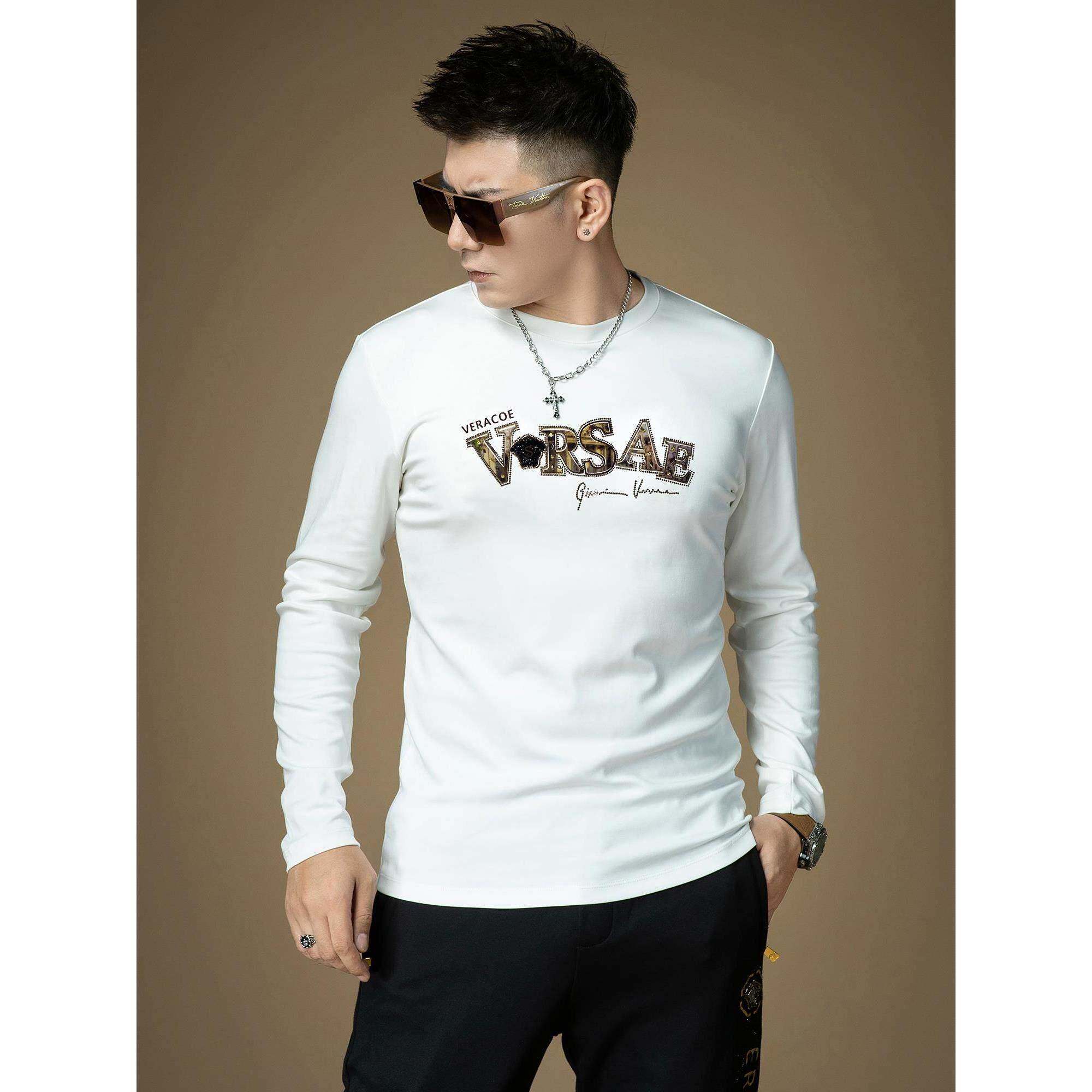 欧货潮牌字母印花烫钻长袖t恤男士秋冬薄款高端时尚修身打底衫潮