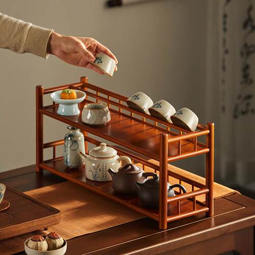 桌面博古架小型茶杯架子茶具收纳架紫砂壶置物架新中式装饰品摆件