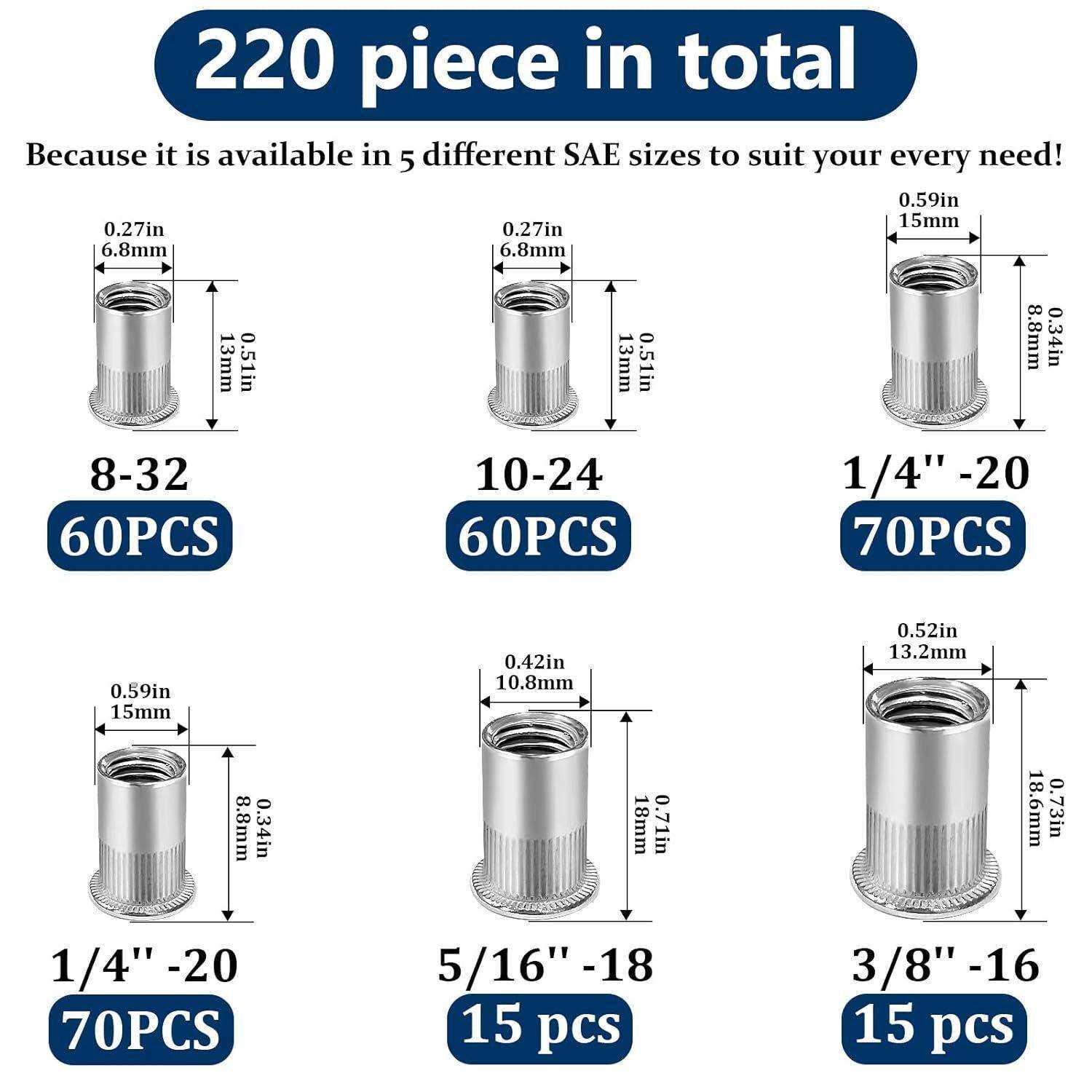 跨境220PCS盒装 6种尺寸/英制304不锈钢铆钉螺纹平头拉铆螺母