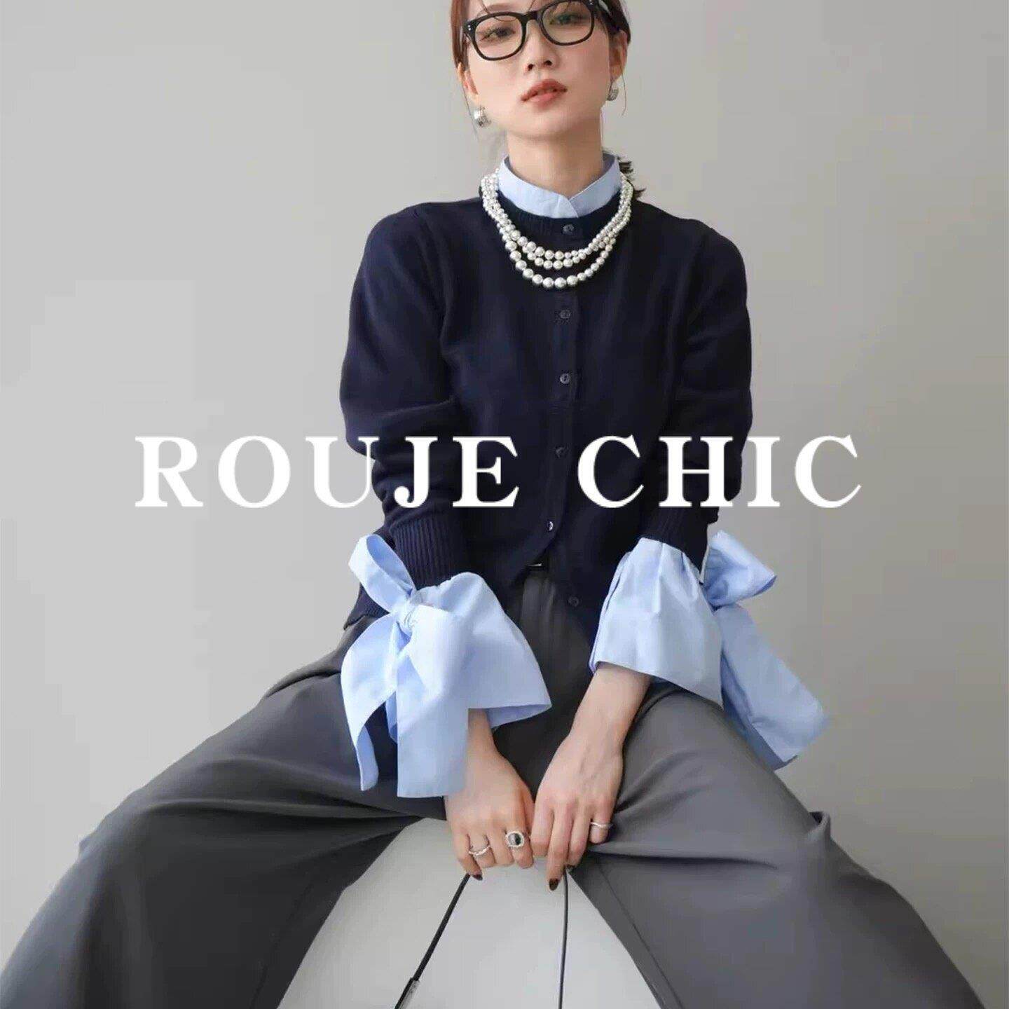 法国rouje chic法式蝴蝶结绑带撞色拼接针织衫女春季软糯百搭毛衣