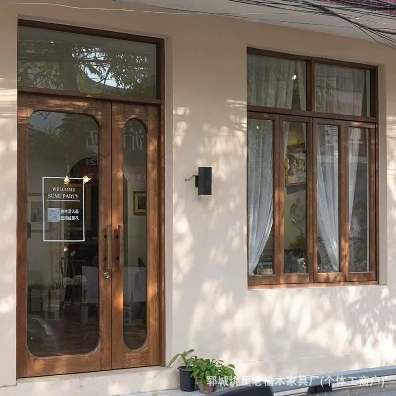 老榆木推拉窗室内回目窗框原木上下折叠窗民宿咖啡店老式装饰窗