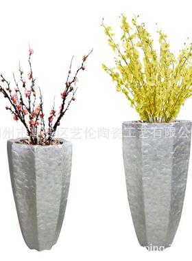 家居商场八角落地大花瓶贴箔贝壳仿真花插花花器客厅酒店装饰摆件